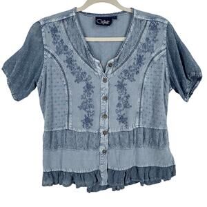 Vintage Celine 90’s Shirt Womens L Blue Boho Festival Hippie Floral Embroidered